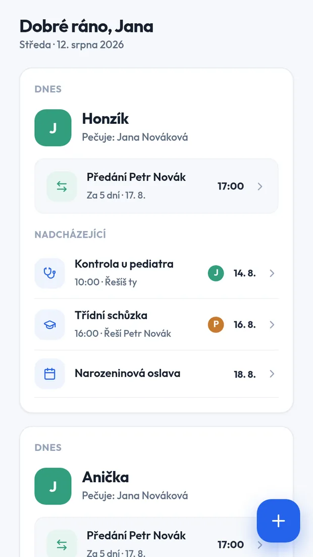 Náhled aplikace Spolupéče - přehled dne a nejbližší předání dítěte