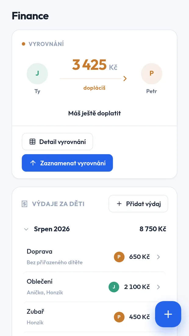 Náhled aplikace Spolupéče - vyrovnání nákladů a výdaje za děti